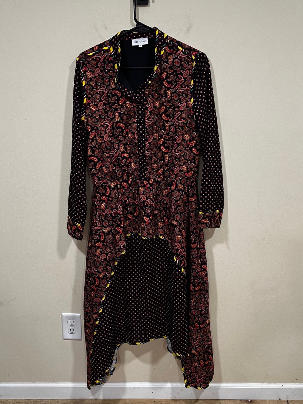 Paper Parachute long-sleeve mixed-print midi shirt dress paisley asymmetrical M